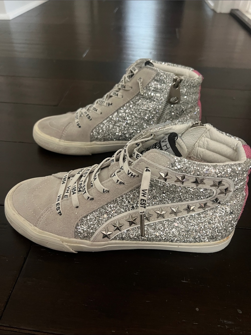VH High-Top Glitter Sneakers with Star Stud Detail - Silver/Pink 8